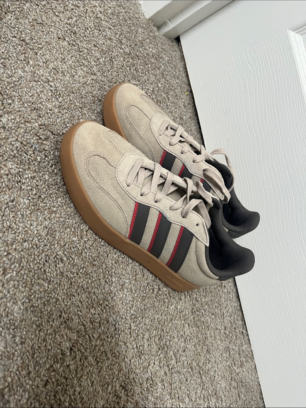 adidas Men’s Beige Suede Sneakers with Black and Red Stripes